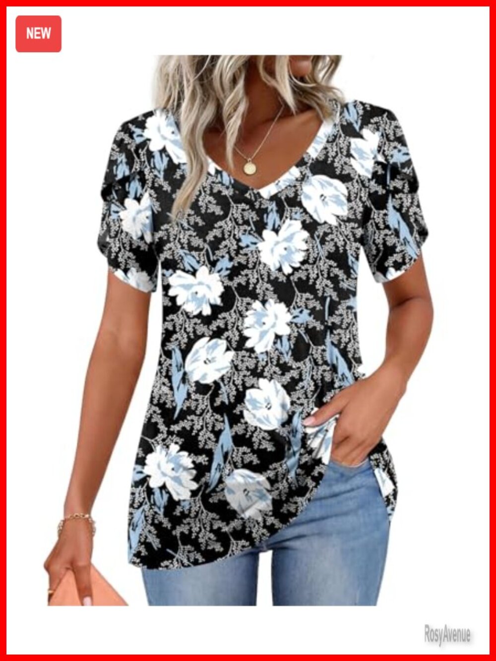 Women's Floral V-Neck Short Sleeve Tunic Blouse Rayon Spandex Stretchy